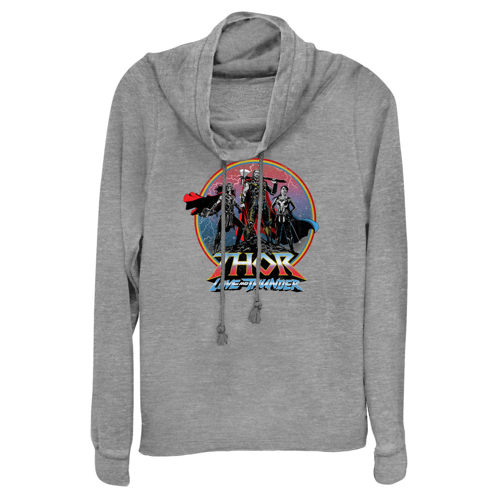 Junior's Marvel Thor Love and Thunder Asgardians Circle Badge Cowl Neck